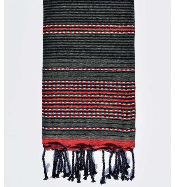 Beach towel arabesque military green, red and black Fouta Tunisia - 1