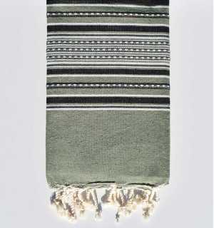 Beach towel arabesque moss green with anthracite gray stripes Fouta Tunisia - 1