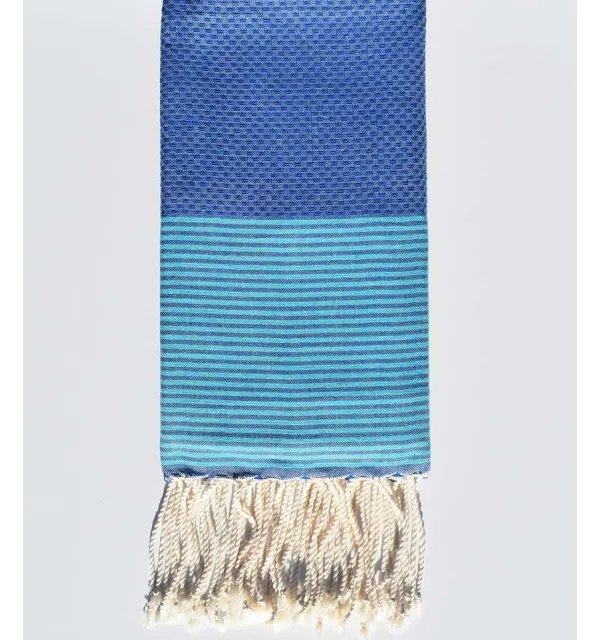 Blue honeycomb beach towel with pool blue stripes Fouta Tunisia - 1