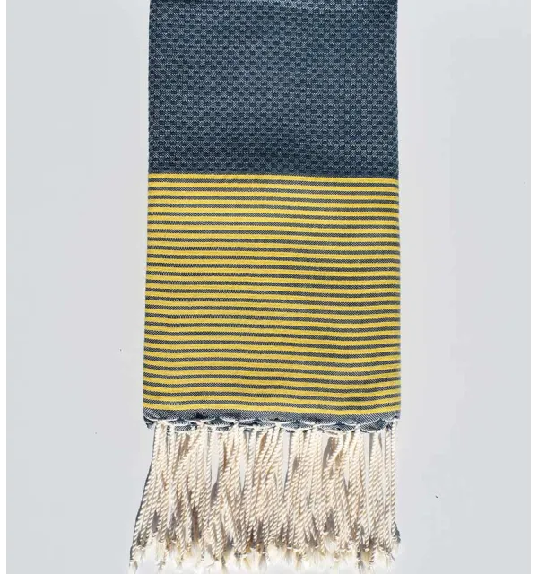 Beach towel honeycomb mineral blue striped yellow Fouta Tunisia - 1