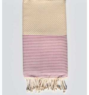 Beach towel honeycomb ecru with orchid stripes Fouta Tunisia - 1
