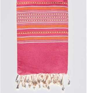 Beach towel arabesque pink with orange stripes Fouta Tunisia - 1