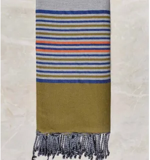 Gray throw with blue, khaki green and orange stripes 2m*3m  - 1 2