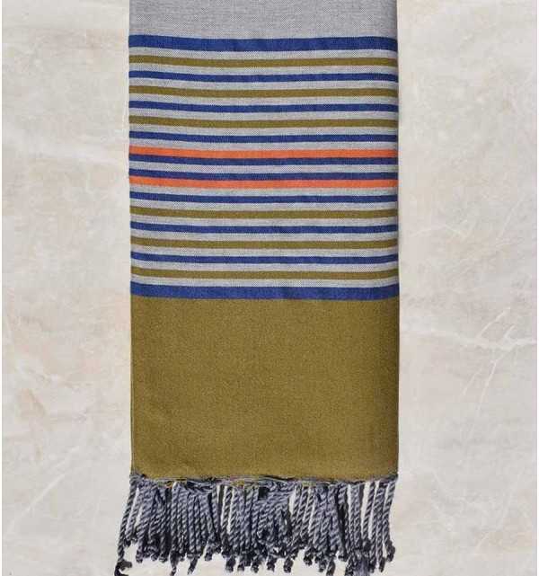 Gray throw with blue, khaki green and orange stripes 2m*3m  - 2