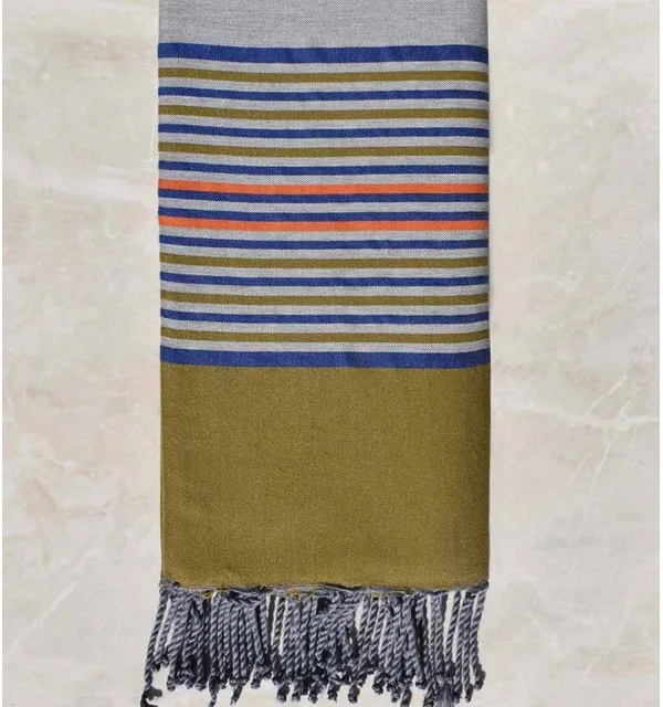 Gray throw with blue, khaki green and orange stripes 2m*3m  - 2