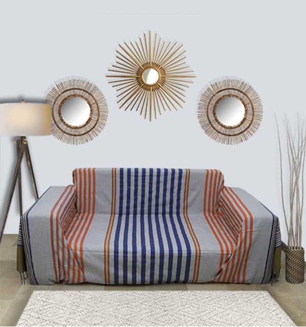 Gray throw with blue, khaki green and orange stripes 2m*3m  - 1