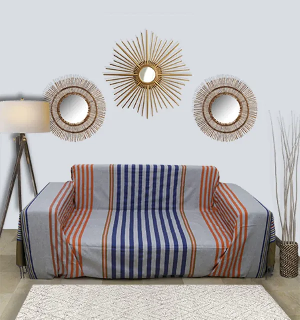 Gray throw with blue, khaki green and orange stripes 2m*3m  - 1
