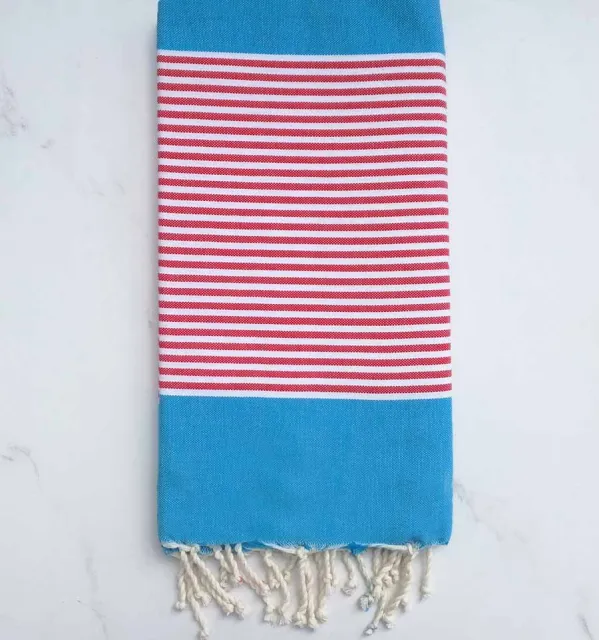 BathTowel azure blue striped red and white  - 1