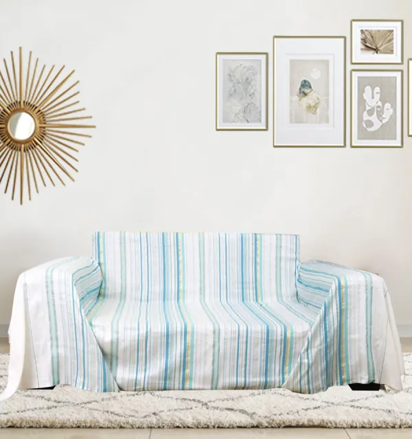 Fadhila light cream white, light green and blue with lurex throw Fouta Tunisia - 1