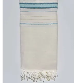 Thrown Fadhila cream white, azure blue and water green with lurex Fouta Tunisia - 1