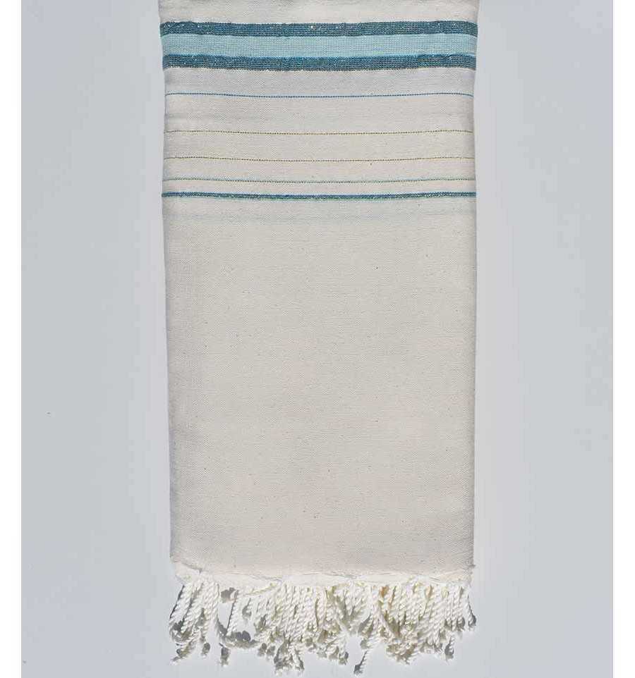 Thrown Fadhila cream white, azure blue and water green with lurex Fouta Tunisia - 1
