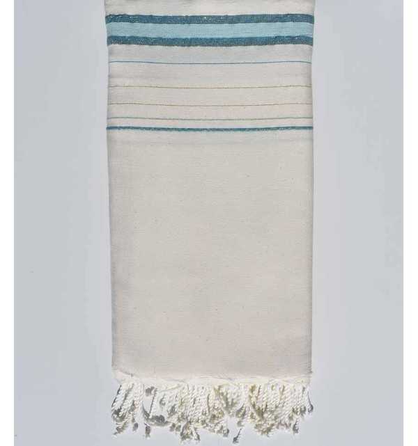 Thrown Fadhila cream white, azure blue and water green with lurex Fouta Tunisia - 1