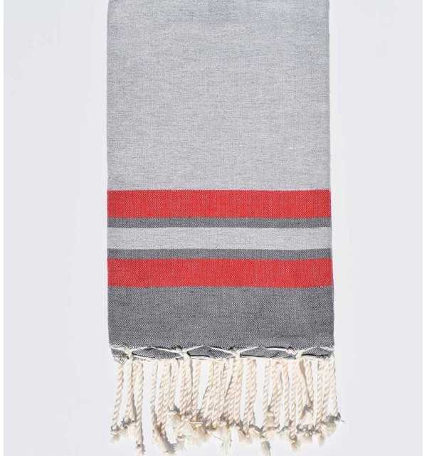 Beach towel light grey, red and gray Fouta Tunisia - 1