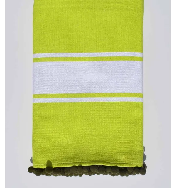 Beach towel chartreuse green with pompoms Fouta Tunisia - 1