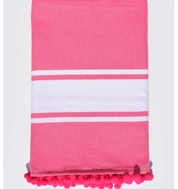 Beach towel shiny pink with pompoms Fouta Tunisia - 1