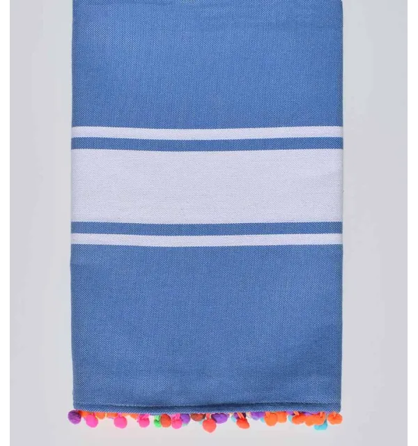 Beach towel cornflower blue with pompoms Fouta Tunisia - 1