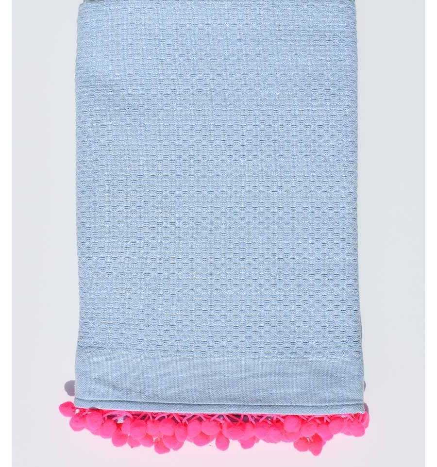 Beach towel light blue with neon pink pompoms Fouta Tunisia - 1