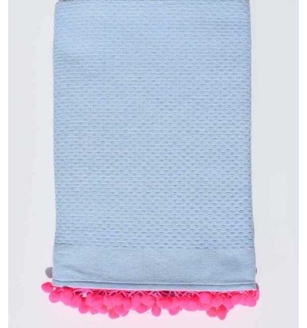 Beach towel light blue with neon pink pompoms Fouta Tunisia - 1