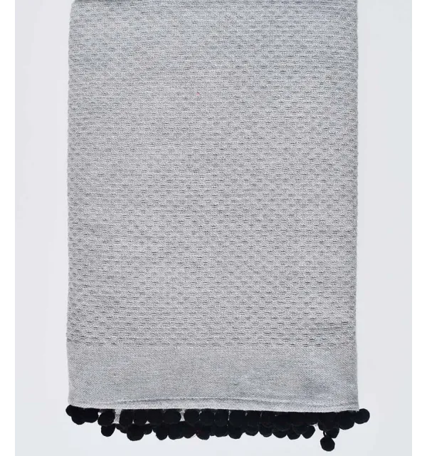 Beach towel gray with black pompoms Fouta Tunisia - 1