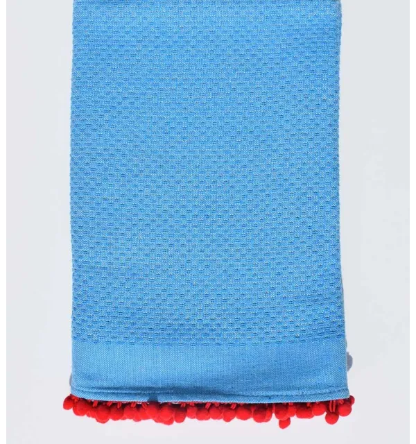Beach towel azure blue with red pompoms Fouta Tunisia - 1