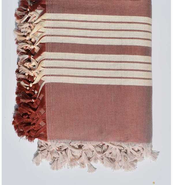 Thrown 4 fringes brick and cream white Fouta Tunisia - 2