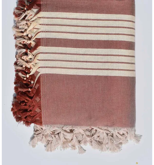 Thrown 4 fringes brick and cream white Fouta Tunisia - 2