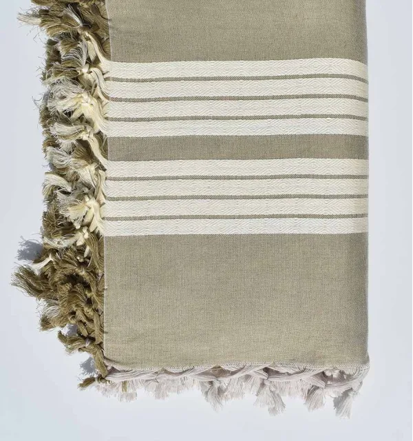 Thrown 4 fringes khaki green and cream white Fouta Tunisia - 1