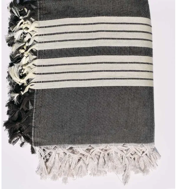 Thrown 4 fringes brown taupe and cream white Fouta Tunisia - 2