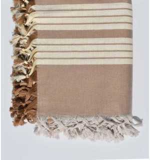 Thrown 4 fringes beige sepia and cream white Fouta Tunisia - 2