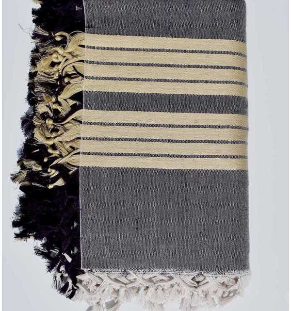 Thrown 4 fringes dark purple and ecru Fouta Tunisia - 1