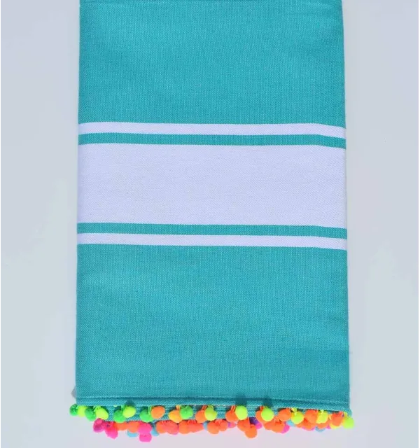 Beach towel medium turquoise with pompoms Fouta Tunisia - 1