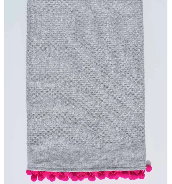 Beach towel honeycomb gray with pink pompoms Fouta Tunisia - 1