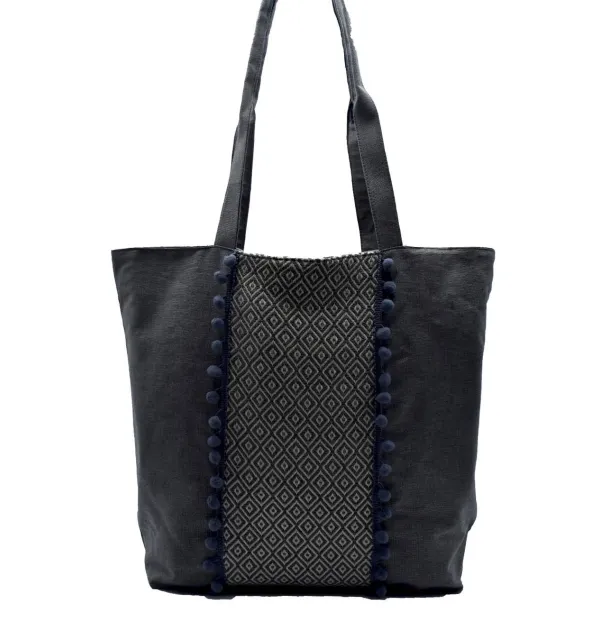 Saint Tropez bag gray with chevron patterns and pompoms Fouta Tunisia - 1