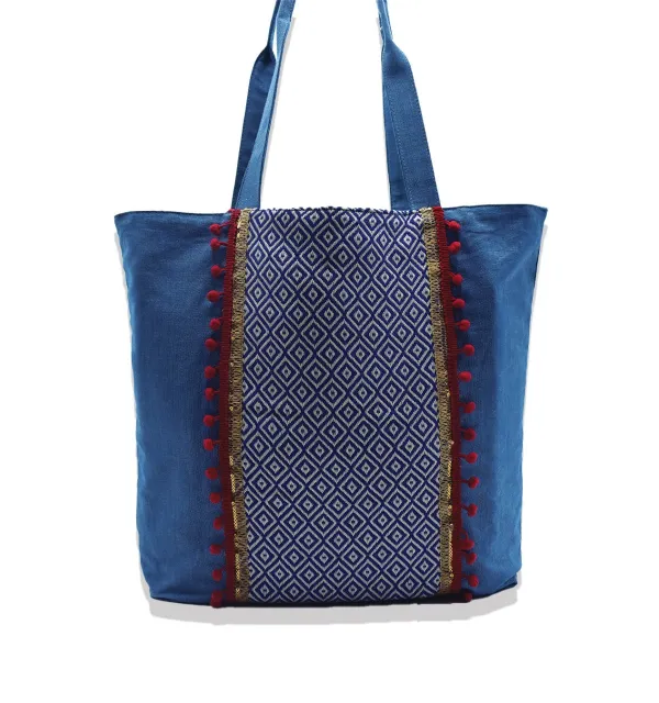Saint Tropez bag denim blue with blue chevron patterns and red pompoms Fouta Tunisia - 1