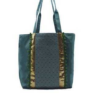 Bag Saint Tropez green with chevron patterns, gold sequins and pompoms Fouta Tunisia - 1
