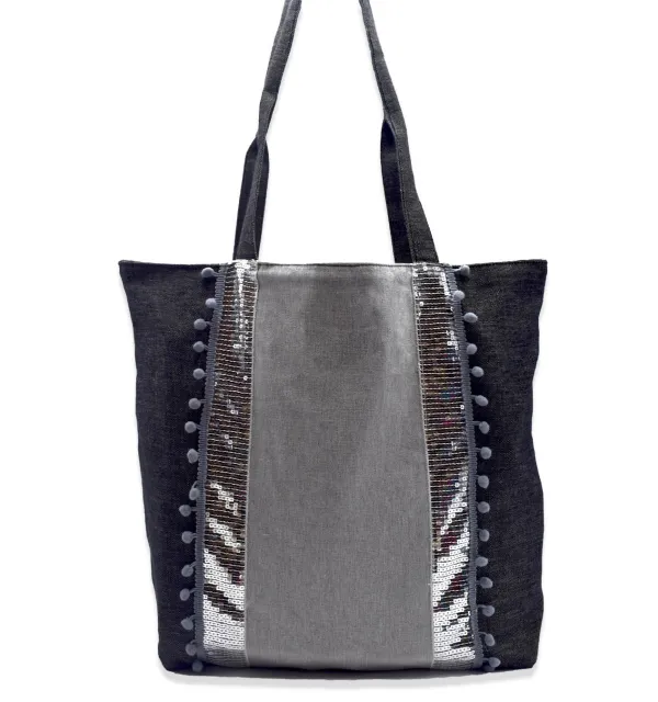 Saint Tropez bag gray with silver sequins Fouta Tunisia - 1