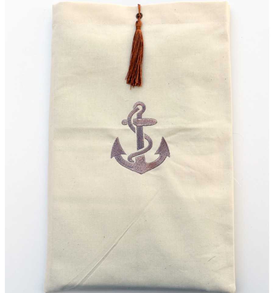 Pouch light beige embroidered with anchor motif and with rust pompom Fouta Tunisia - 1