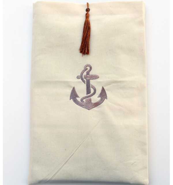 Pouch light beige embroidered with anchor motif and with rust pompom Fouta Tunisia - 1