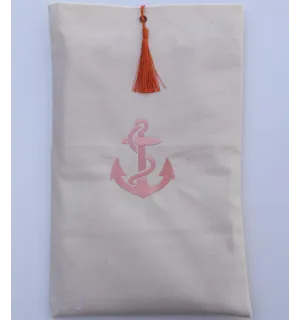 Pouch light beige embroidered with anchor motif and with orange pompom Fouta Tunisia - 1 2