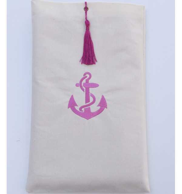 Pouch light beige embroidered with pink anchor motif with pompom Fouta Tunisia - 1