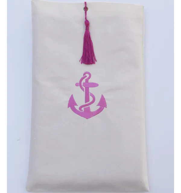 Pouch light beige embroidered with pink anchor motif with pompom Fouta Tunisia - 1
