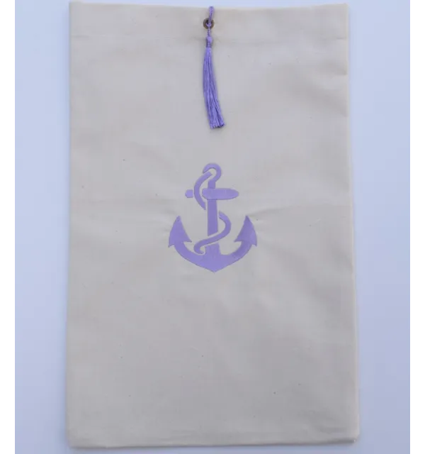 Pouch light beige embroidered with lavender anchor motif and with pompom Fouta Tunisia - 1