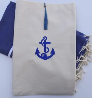 Pouch light beige embroidered with blue anchor motif and blue pompom Fouta Tunisia - 1 2