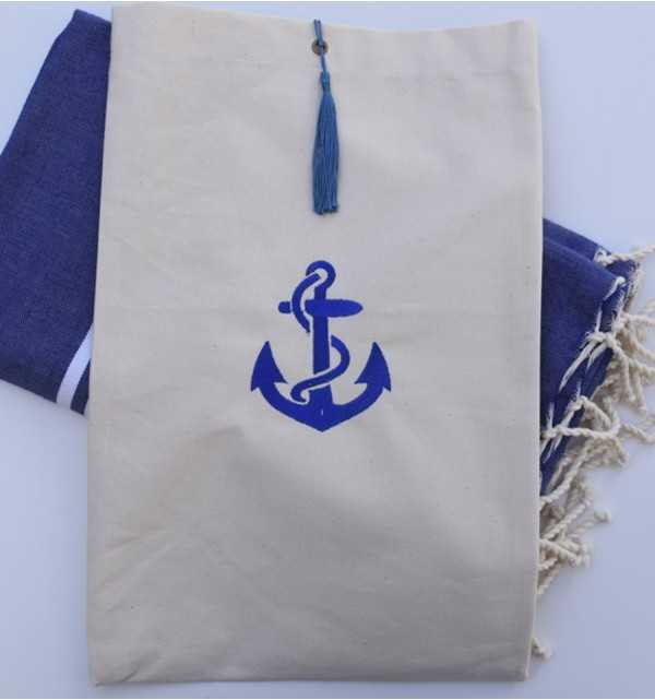 Pouch light beige embroidered with blue anchor motif and blue pompom Fouta Tunisia - 2
