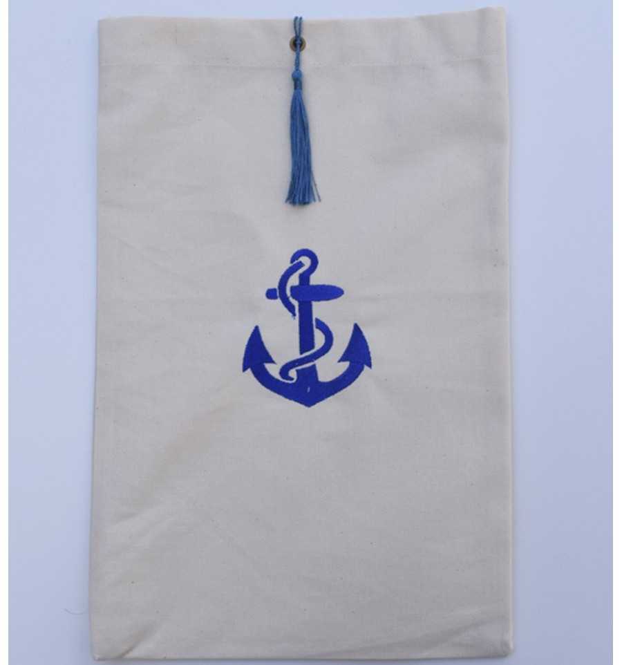 Pouch light beige embroidered with blue anchor motif and blue pompom Fouta Tunisia - 1