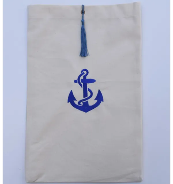 Pouch light beige embroidered with blue anchor motif and blue pompom Fouta Tunisia - 1