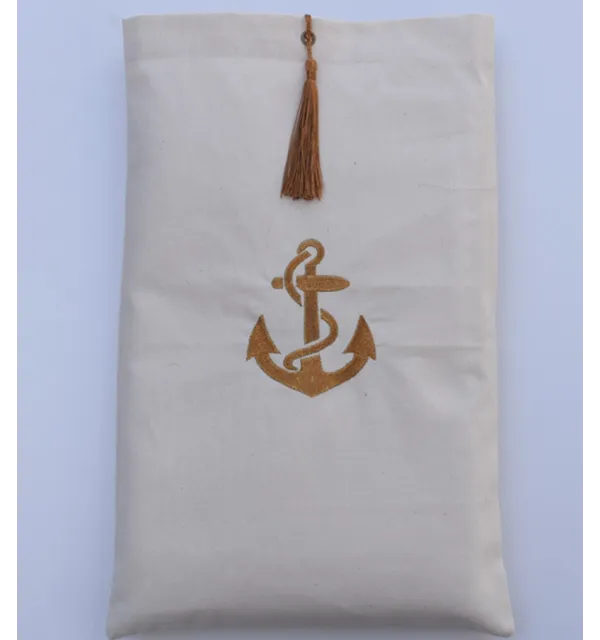 Pouch light beige embroidered with anchor motif and with pompom Fouta Tunisia - 1
