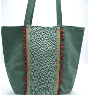 Saint Tropez bag green with chevron patterns and red pompoms Fouta Tunisia - 1 2