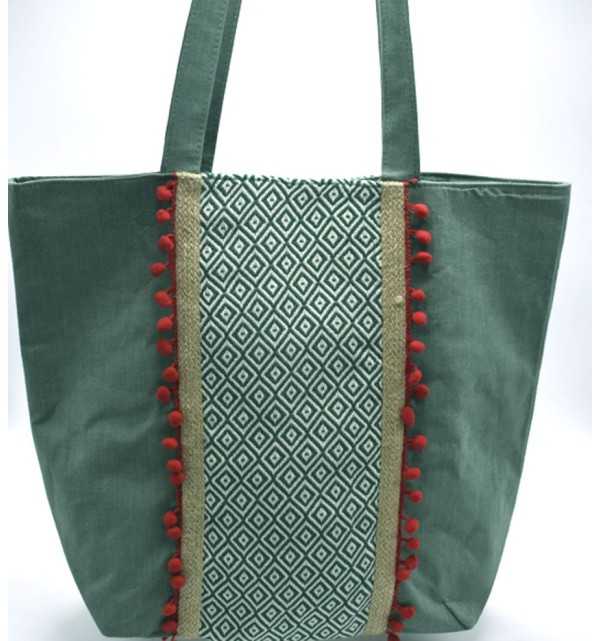 Saint Tropez bag green with chevron patterns and red pompoms Fouta Tunisia - 2