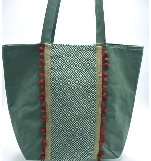 Saint Tropez bag green with chevron patterns and red pompoms Fouta Tunisia - 2